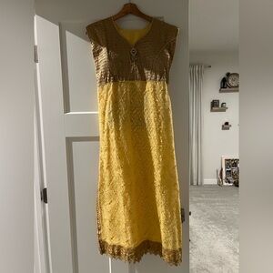 Elegant Yellow and Brown Embroidered Dress